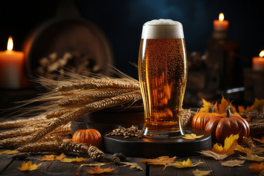 A pint of foaming beer in a glass, ears of barley on a blurred autumn background