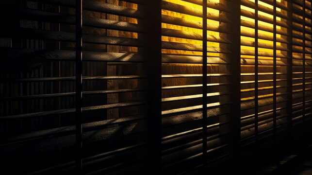 The dark moody atmosphere is created by the soft piercing of yellow light through the blinds. The shutters create a lovely contrast between light and shadow, as well as a concept of the - Powered by Adobe