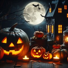 A spooky haunted house with broken windows, crooked chimneys, and cobwebs, surrounded by ghosts, spiders, and jack-o-lanterns with scary faces, in a dark and misty night, Halloween theme ai generated