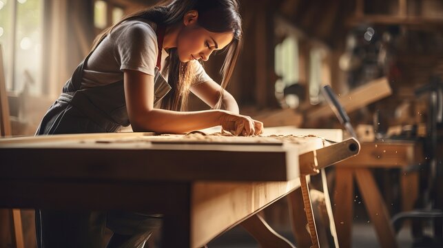 The female carpenter is examining the work she has done on her furniture in her home workshop.