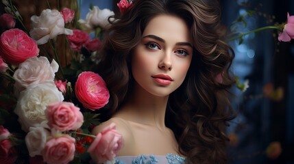 There is an attractive brunette girl with a big, beautiful bouquet of flowers. There is also a beautiful white girl with flowers. There is also a pretty woman with bright makeup. There is