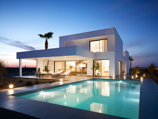 Fototapeta premium Evening Glow: Villa Architecture with Swimming Pool at Sunset