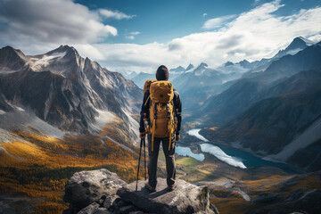 Fototapeta premium Backpacker gazing upon a vast, uncharted wilderness, igniting the spirit of adventure and the call of the unknown. Ai generated