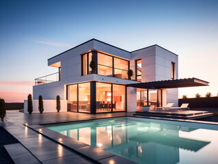 Fototapeta premium Evening Glow: Villa Architecture with Swimming Pool at Sunset