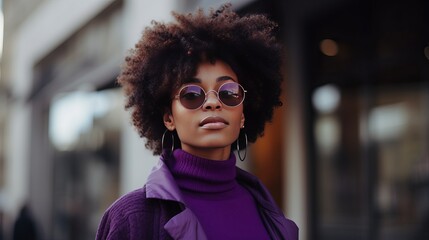 On a sunny day, a black woman wears a purple outfit