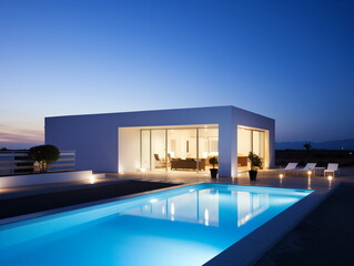 Fototapeta premium Evening Glow: Villa Architecture with Swimming Pool at Sunset