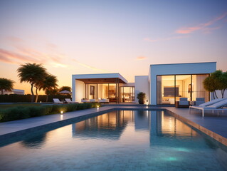 Fototapeta premium Evening Glow: Villa Architecture with Swimming Pool at Sunset