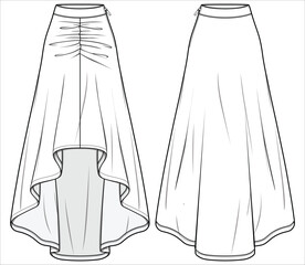 Women's midi length high low Skirt flat sketch fashion illustration with front and back view