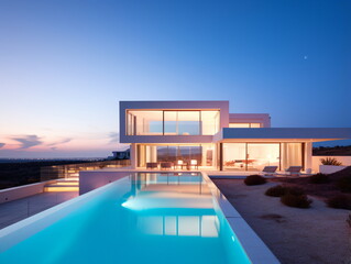 Evening Glow: Villa Architecture with Swimming Pool at Sunset