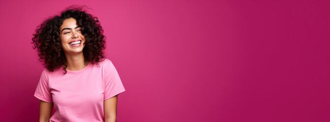 Young Latina woman with happy positive smile, wide banner dark pink copy space background, Generative AI - obrazy, fototapety, plakaty