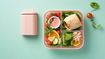 The back to school concept involves a healthy lunch box and colorful stationery on a table top. - obrazy, fototapety, plakaty