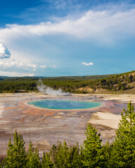 Spectacular Grand Prismatic Spring at Sunset: Empty Boardwalks, Smoke Plumes, and Colorful Wyoming Sky
