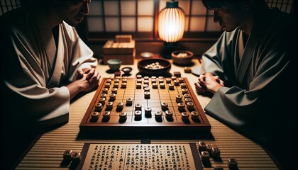 Traditional shogi game on a tatami mat with intricately inscribed pieces and two engrossed players - obrazy, fototapety, plakaty