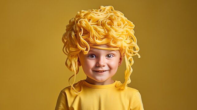 The boy was taken aback when he saw pasta on his head.