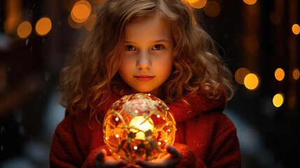 Naklejka premium christmas beautiful baby girl holding a light ball in hands