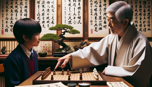 Shogi master teaching a young student in a traditional Japanese room with calligraphy and bonsai