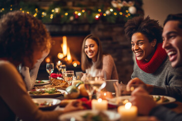 Multiracial friends having christmas dinner and eating together in a cozy room with a fireplace