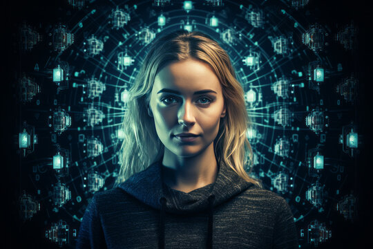 A girl programmer against a background symbolizing the World Wide Web