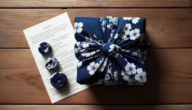 Beautifully wrapped Furoshiki gift on a wooden table with indigo fabric and wrapping instructions