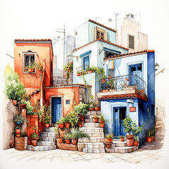 Fototapeta na wymiar Watercolor captures the allure of Moroccan style homes nestled in lush streets amidst a stunning landscape