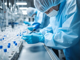 Pharmaceutical Manufacturing: Workers in Protective Clothing and Gloves Creating Vaccines or Medications