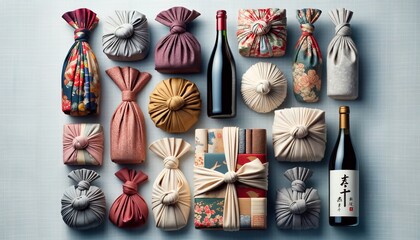 Array of Furoshiki-wrapped items showcasing the versatility of the traditional Japanese wrapping method - obrazy, fototapety, plakaty