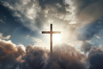 Fototapeta na wymiar Holy cross on Mount Golgotha among the clouds. Resurrection of Jesus Christ