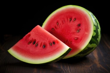A watermelon cut in half on a wooden table.