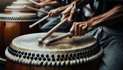 Close-up of Taiko drummer's hands striking the drum