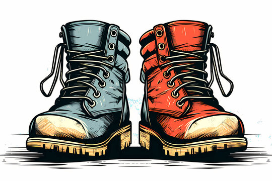 pair of work boots of different colors rough poster style sketch painting white background