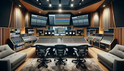 Spacious recording studio control room with state-of-the-art equipment and acoustic panels - obrazy, fototapety, plakaty