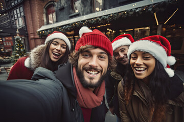 grupo de jovenes amigos contentos con gorros de Santa Claus haciéndose un selfie en una calle decorada para navidad - obrazy, fototapety, plakaty