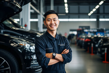 Portrait of Attractive confident Asian male auto mechanic working in Car Service