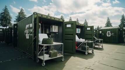 green metal army container boxes set up as a field ambulance demonstration during the military