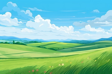 Obraz premium Vast Serenity: Illustration of Grassland, Blue Sky, White Clouds, and Distant Mountains