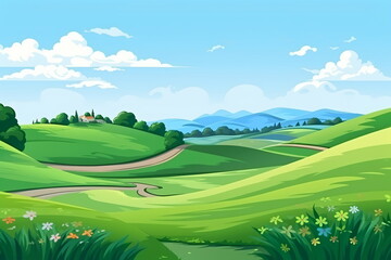 Vast Serenity: Illustration of Grassland, Blue Sky, White Clouds, and Distant Mountains