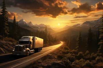 Foto op Canvas Transportation truck as it journeys along a vast highway, with the sun setting on the horizon. Ai generated © twindesigner