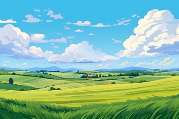 Obraz premium Vast Serenity: Illustration of Grassland, Blue Sky, White Clouds, and Distant Mountains
