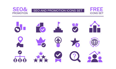 SEO and promotion flat icons collection. Flat style icon pack. Vector