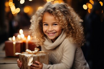 Naklejka premium beautiful girl with gift in hands with candles in the background