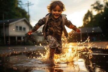 very happy boy jumping in a puddle of water