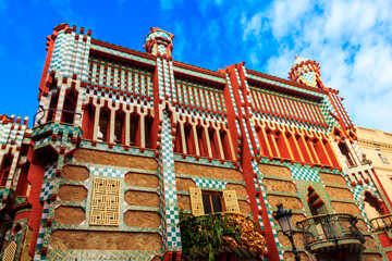 Facade of Casa Vicens in Barcelona, Spain. It is first masterpiece of Antoni Gaudi. Built between...
