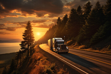 Transportation truck as it journeys along a vast highway, with the sun setting on the horizon. Ai generated - obrazy, fototapety, plakaty
