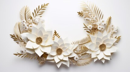 A wreath made of paper flowers and leaves