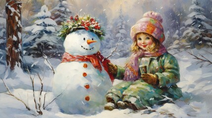 A painting of a child and a snowman in the snow