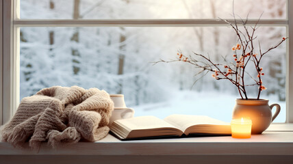 cup of hot tea with book near window in winter