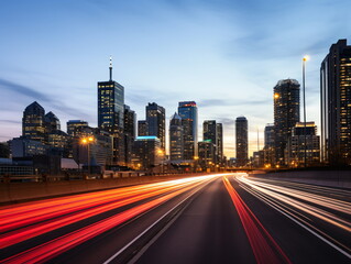 Obraz premium Urban Rush Hour: Evening Traffic on a Highway in the City