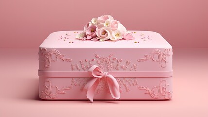 a cake in innovative packaging, showcased inside a robust pink box, captured from an overhead perspective with a white background.