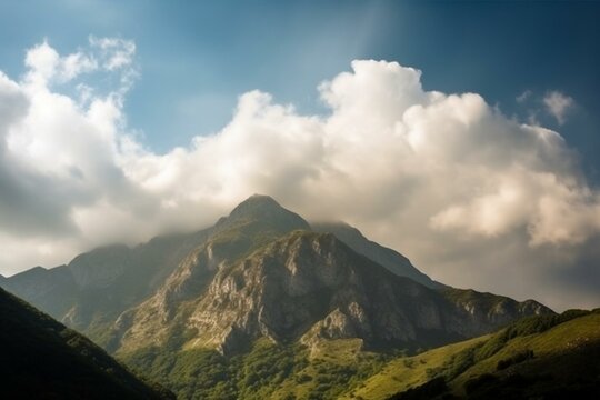 Sunlit mountain background with cloud formations. Generative AI