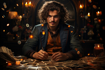 An attractive magician with his cards in his magic room looks at the camera - obrazy, fototapety, plakaty